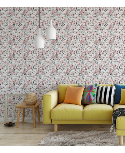 Papel de parede Floral vermelho e verde com fundo branco