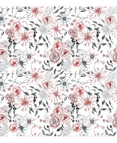 Papel de parede Floral vermelho e verde com fundo branco