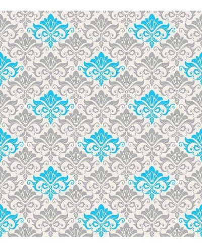 Papel de parede arabesco fundo branco com desenhos em tons de cinza e azul claro - Damask 18