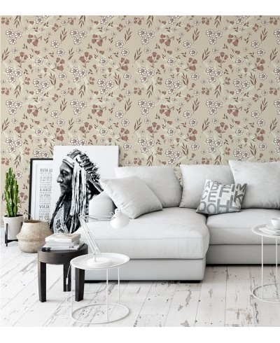 Papel de parede floral marrom e branco fundo bege