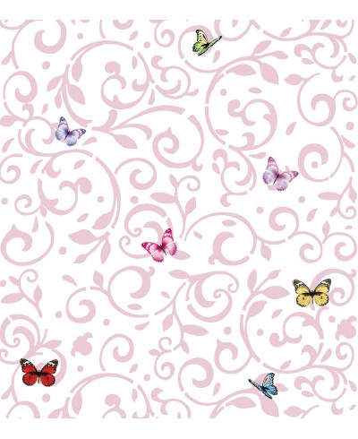 Papel de parede com fundo branco, detalhes em rosa claro e borboletas coloridas - Infantil 164