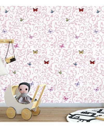 Papel de parede com fundo branco, detalhes em rosa claro e borboletas coloridas - Infantil 164