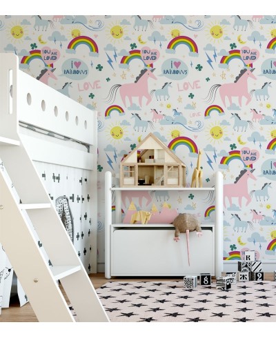 Papel de Parede Infantil Modelo Unicórnios Com fundo em branco e detalhes multicoloridos
