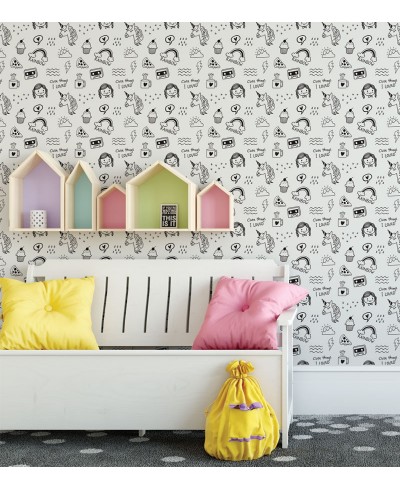 Papel de Parede Infantil Modelo Cute Things na Cor Preto e Branco