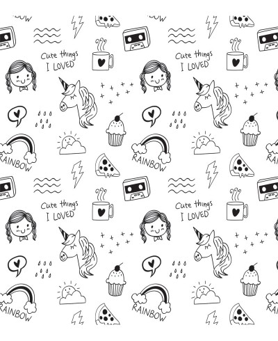 Papel de Parede Infantil Modelo Cute Things na Cor Preto e Branco