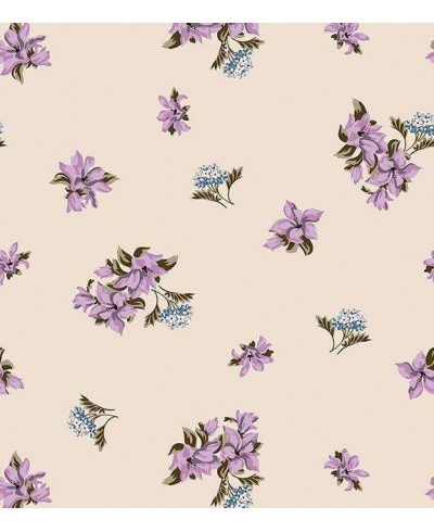 Papel de parede floral tons nude, flores roxas com galhos em verde musgo, tons de azul - Encanto 01