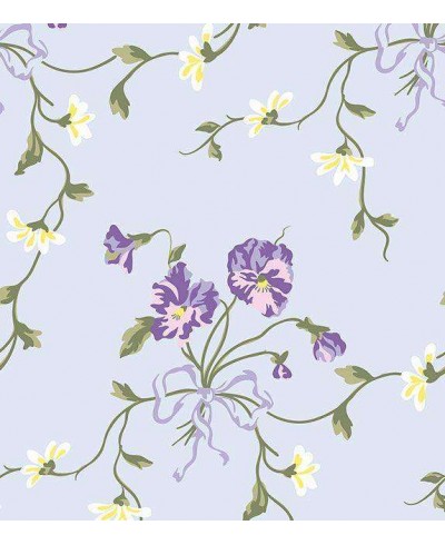 Papel de parede floral tons claros de azul, branco e amarela, folhagem em verde musgo e fundo roxo - Encanto 08