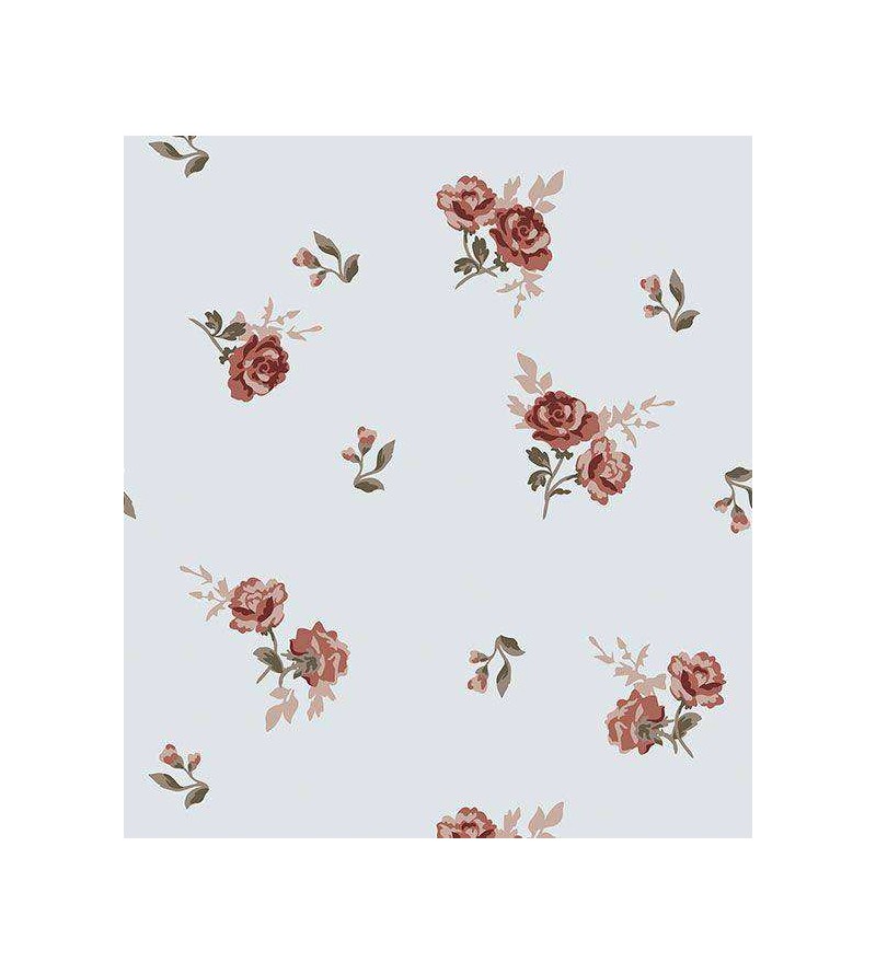 Papel de parede floral com fundo cinza claro e detalhes em tons de marrom, bege e verde musgo - Encanto 20