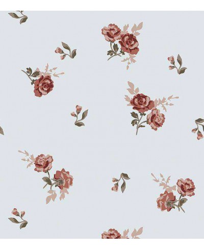 Papel de parede floral com fundo cinza claro e detalhes em tons de marrom, bege e verde musgo - Encanto 20