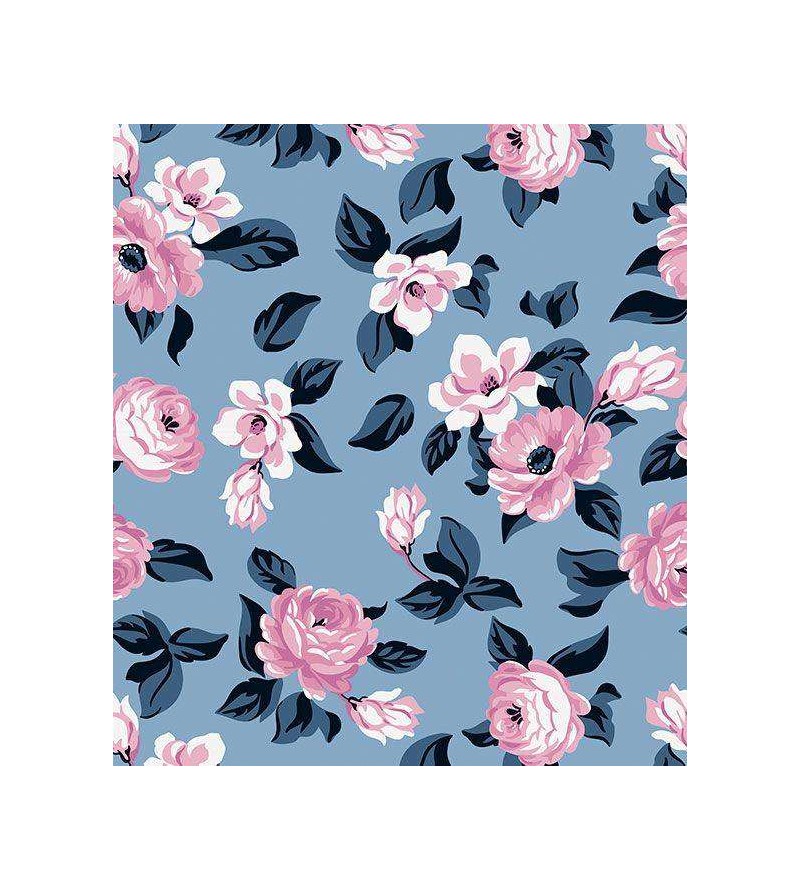 Papel de parede floral com detalhes em tons de azul, com detalhes em branco e rosa - Condessa 17