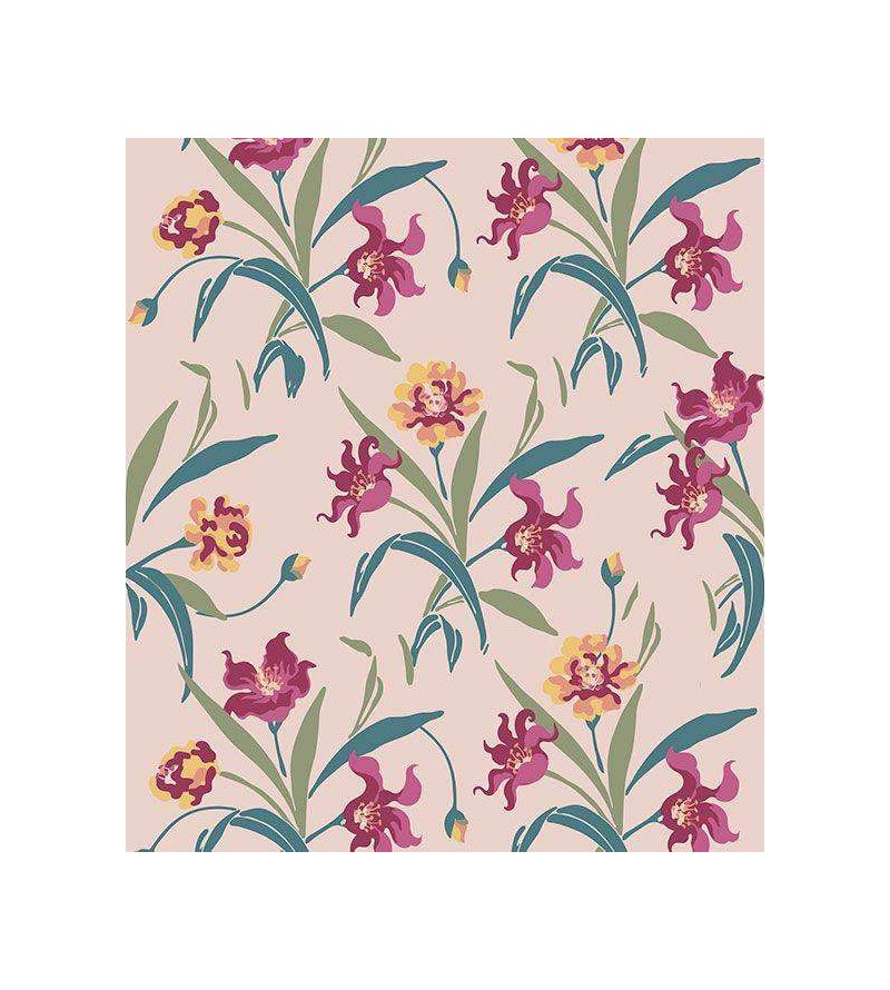 Papel de parede com flores vermelhas com detalhes em tons amarelos e bege, folhagem em verde musgo e verde oliva - Luxury 27