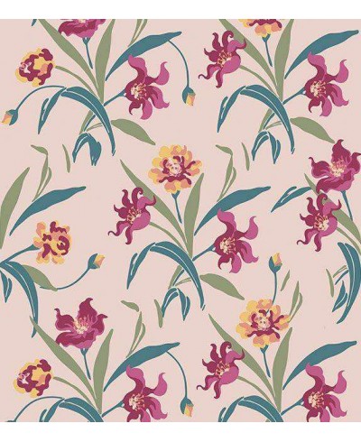 Papel de parede com flores vermelhas com detalhes em tons amarelos e bege, folhagem em verde musgo e verde oliva - Luxury 27