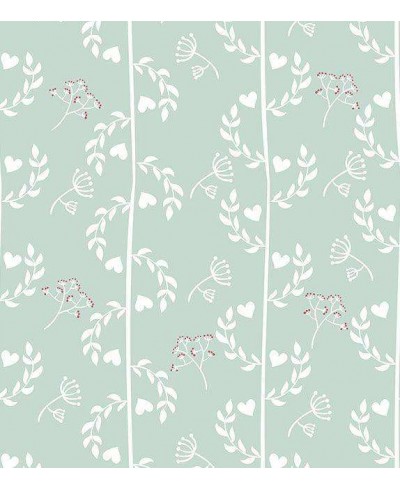 Papel de parede com fundo verde claro e desenhos brancos com pequenos detalhes bordo - Nature 09