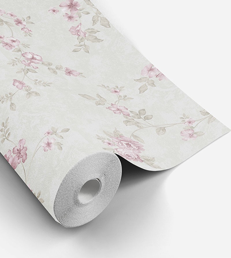 Papel de parede com tons de verde e detalhes em rosa