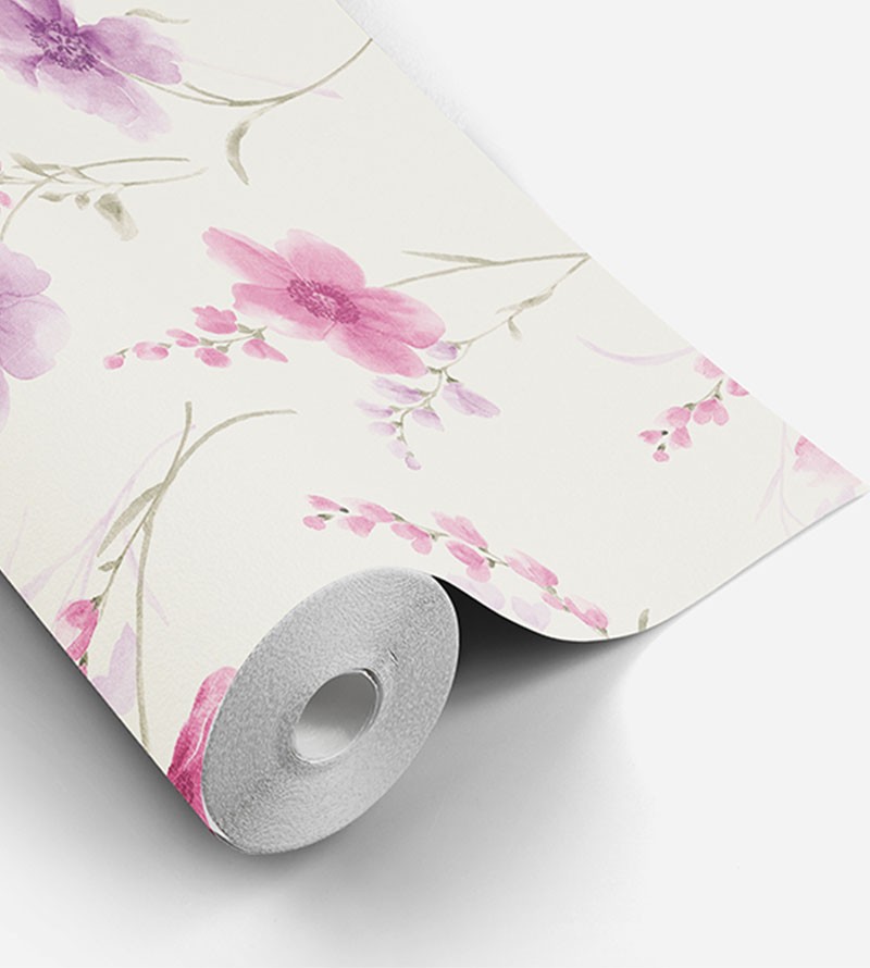 Papel de Parede Floral Com Ramos em Rosa e Roxo
