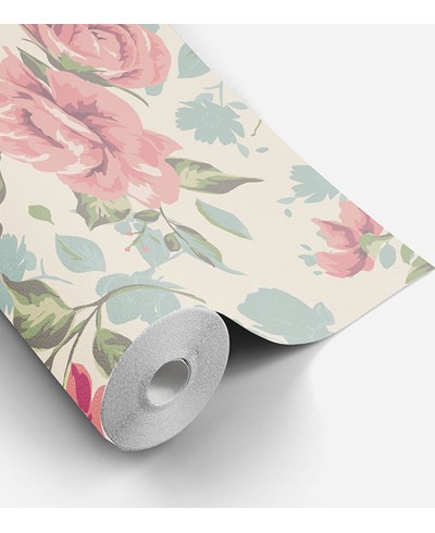 Papel de parede romântico rosa, verde e cinza com fundo bege