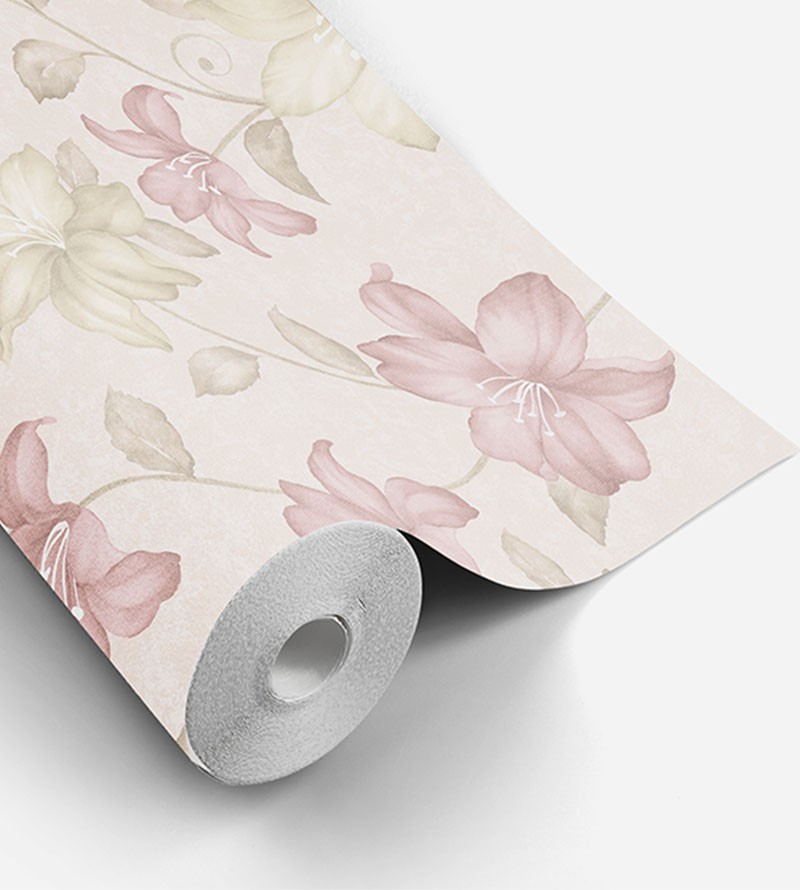 Papel de parede em tons creme, rose e verde musgo