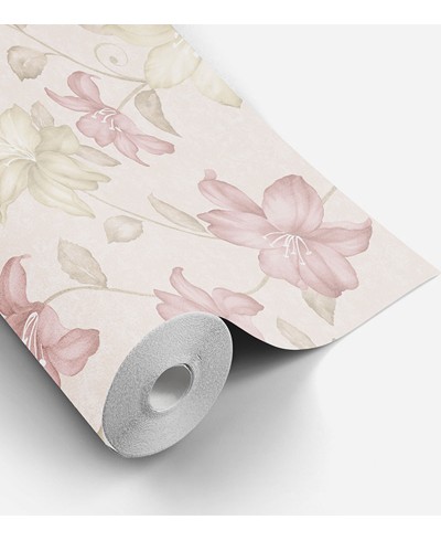Papel de parede em tons creme, rose e verde musgo