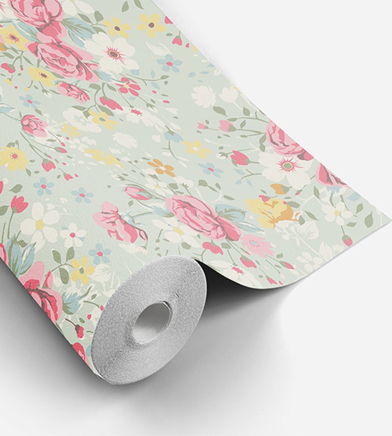 Papel de parede romântico cor rose, branco, verde musgo, amarelo e fundo verde acinzentado