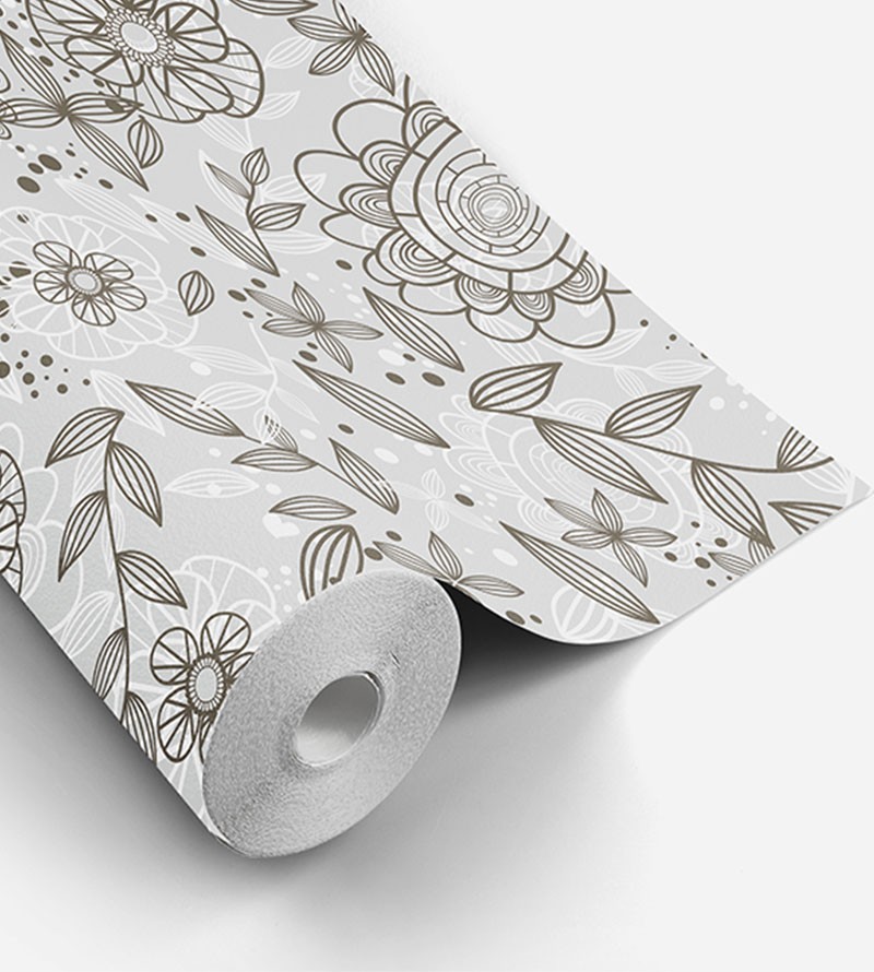 Papel de parede floral, flores marrons com fundo em desenhos em cinza e branco