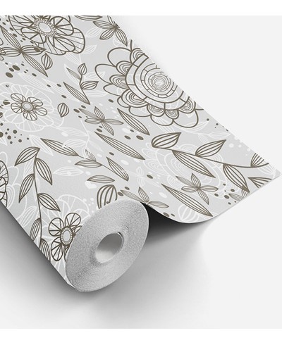Papel de parede floral, flores marrons com fundo em desenhos em cinza e branco