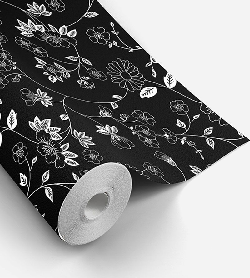 Papel de parede com estilo floral com estampa de flores brancas e fundo preto - Floral 06