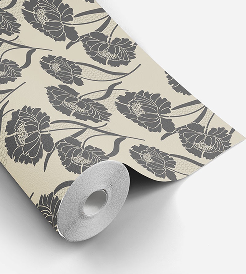 Papel de parede floral nos tons de cinza escuro, fundo em tons de bege