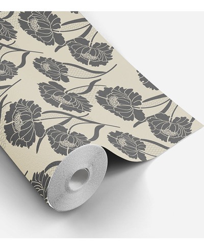 Papel de parede floral nos tons de cinza escuro, fundo em tons de bege