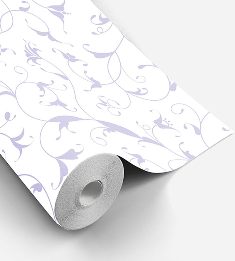 Papel de parede com fundo branco e detalhes em tons lilás - Dream 67