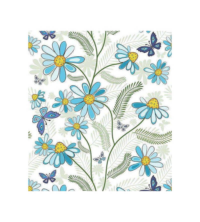 Papel de parede com fundo branco e detalhes em azul marinho, amarelo, cinza, verde e azul claro - Teen16