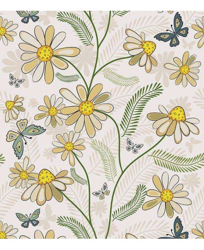 Papel de parede com fundo em bege e detalhes em verde, cinza e tons de amarelo - Teen 17