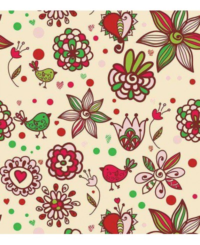 Papel de parede com fundo bege e detalhes em verde, vermelho, marrom e rosa - Teen 18